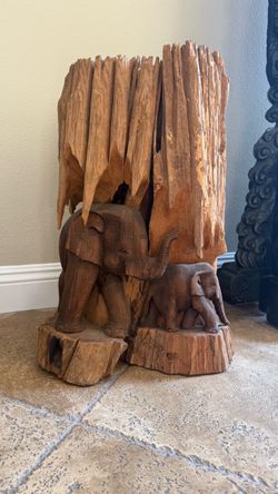 Large Hand-Carved Wood Elephant Family Sculpture – Rustic Tree Trunk Decor