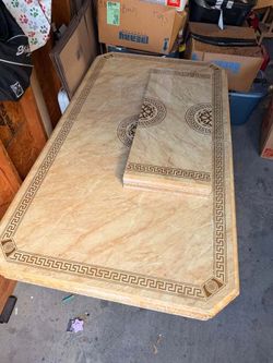 Vintage Faux Marble Extendable Dining Table – Greek Key Design – Double Pedestal