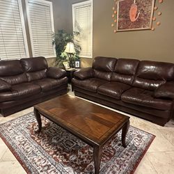 Brown Leather Sofa + Love Seat