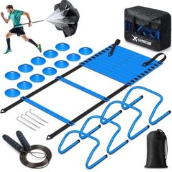 Agility Ladder Speed Training Equipment Set-20ft Agility Ladder,12 Soccer Cones,4 Hurdles, Jump Rope, Running Parachute| Basketball Football Soccer Tr