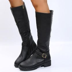 Knee High Riding Shoes Buckle Side Zipper Motorcycle Boots Size 9
