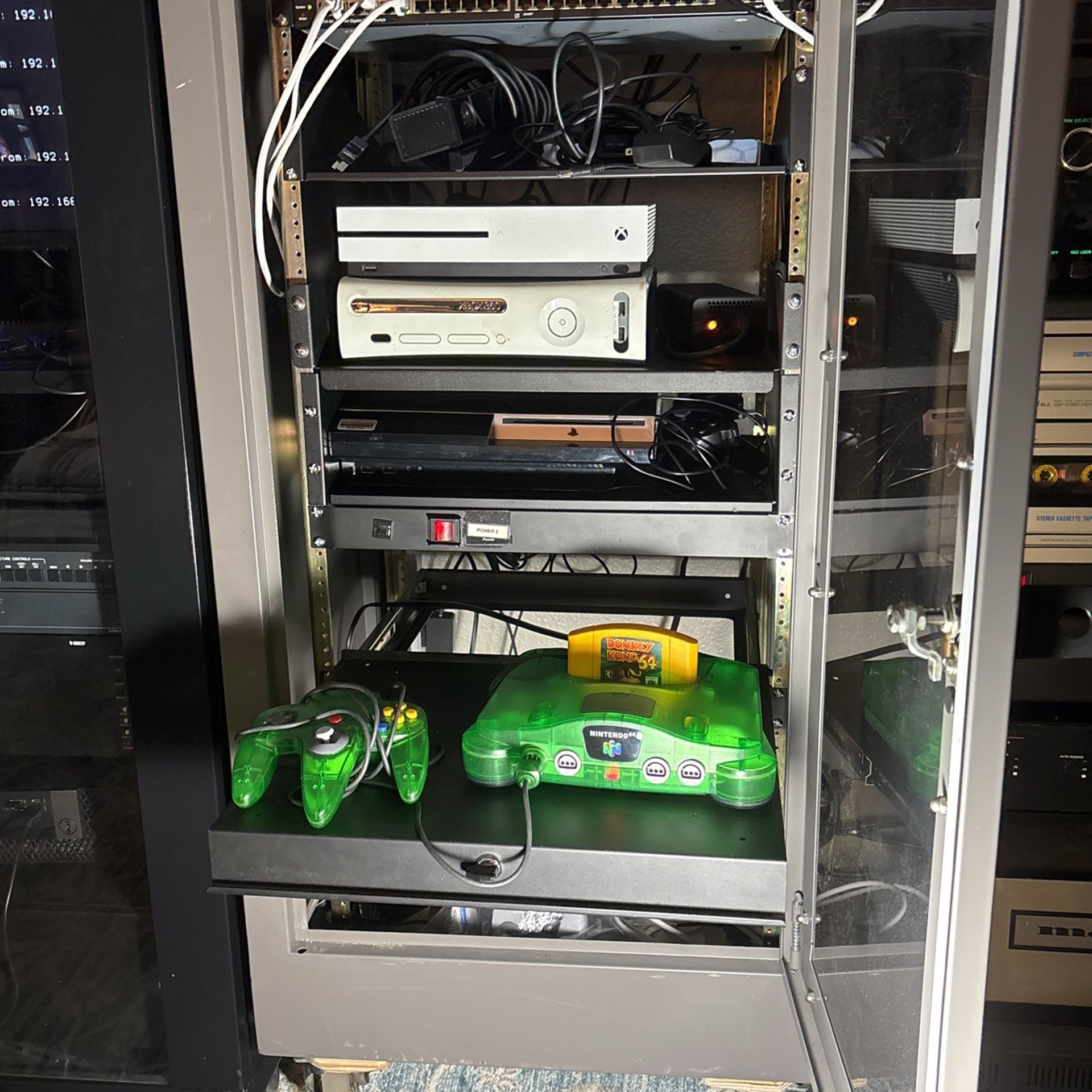 Gaming Cabinet With Power Conditioner, Cisco Router, Shelves