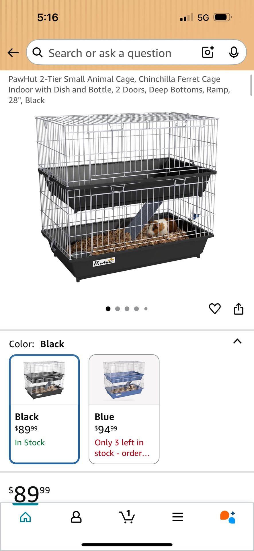 PawHut 2-Tier Small Animal Cage, Chinchilla Ferret Cage Indoor with Dish and Bottle, 2 Doors, Deep Bottoms, Ramp, 28", Black