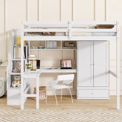 Sorrel Full Size Loft Bed with Built-in Desk, shelves and Wardrobe