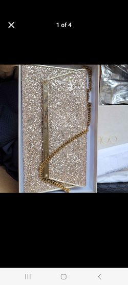 Jimmy Choo gold glitter clutch purse with signature bar