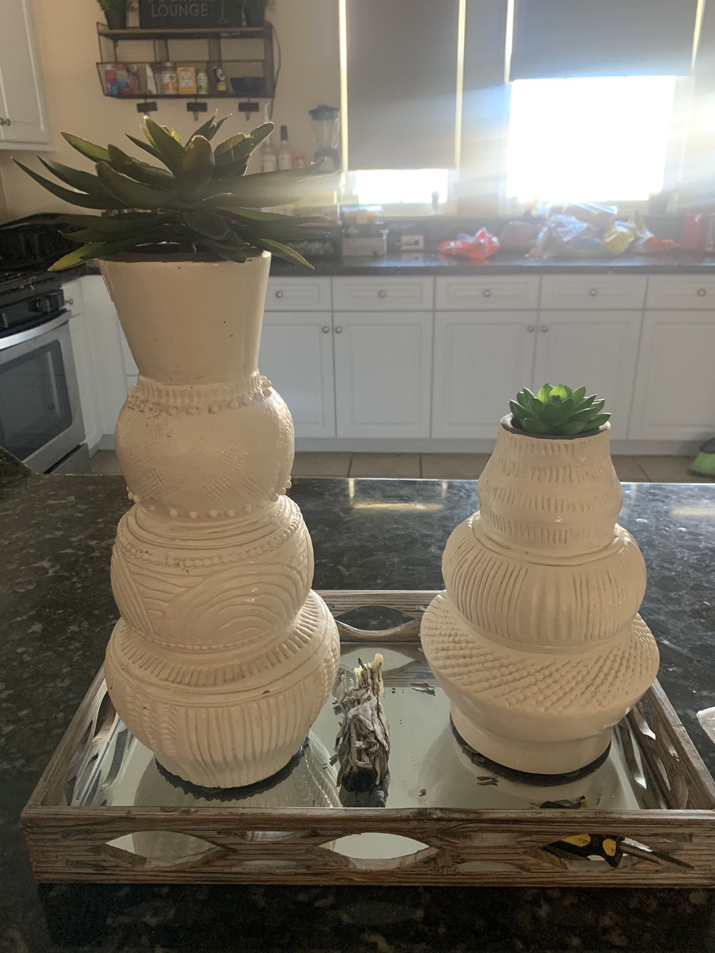 White Vases With Fake Flowers
