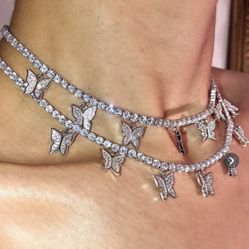 16” Inches Women’s Tennis Butterfly Chain Choker 14k White Gold Layered Fashion Statement Very Famous and Popular 