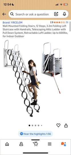 YIRECIOM Wall-Mounted Folding Stairs, 12 Steps, 3.2m Folding Loft Staircase with Handrails