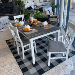 DINING ROOM SET TABLE, CHAIRS AND BENCH, WHITE GREY - [NEW]