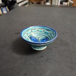 Mini Moroccan Ceramic Bowl Handcrafted In Safi Morocco, Hand-painted Glazed Ceramic In Vibrant Turquoise W/Geometric Floral Design 1.25"H X 3"W