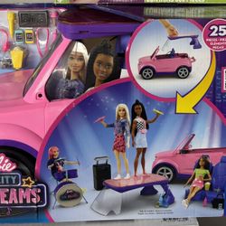 Barbie: Big City, Big Dreams Transforming Vehicle Playset, Pink 2-Seater SUV Reveals Stage, Drum Set & Concert-Themed Accessories, Gift for 3 to 7 Yea