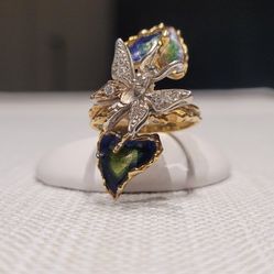 14K Gold Butterfly Hand Painted Enamel Leafs Diamond Vintage Ring