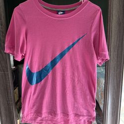 Nike Tee Shirt Womens XS Pink Blue Swoosh Logo Short Sleeve Pullover Stretch