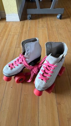 White Quad Roller Skates with Pink Laces
