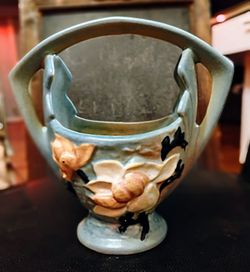 Roseville Magnolia Blue 1943 Vintage Art Pottery Ceramic Basket 383-7