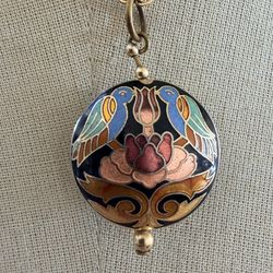 Vintage Cloisonné Enamel Birds & Lotus Pendant Necklace