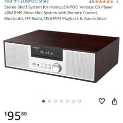 Stereo Shelf System for Home,LONPOO Vintage CD Player 40W RMS Micro Mini System with Remote Control, Bluetooth, FM Radio, USB MP3 Playback & Aux-in,Si