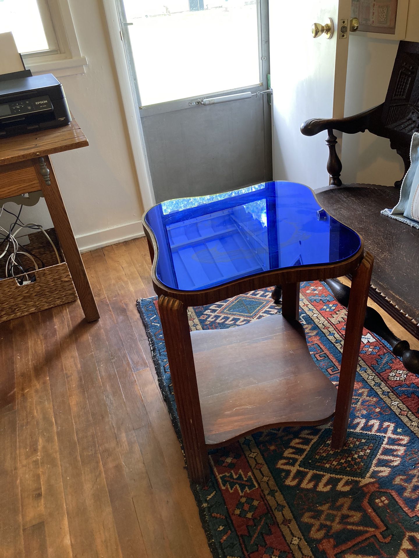 Vintage End Table With Blue Glass 