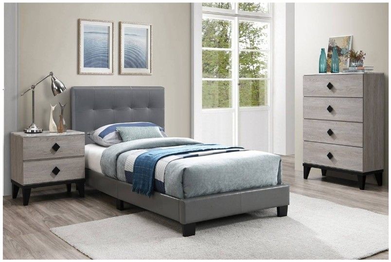 QUEEN BED FRAME MATTRES SOLD SEPARATELY NEW IN BOX  GREY FAUX LEATHER ? ☎️1714650,7316 