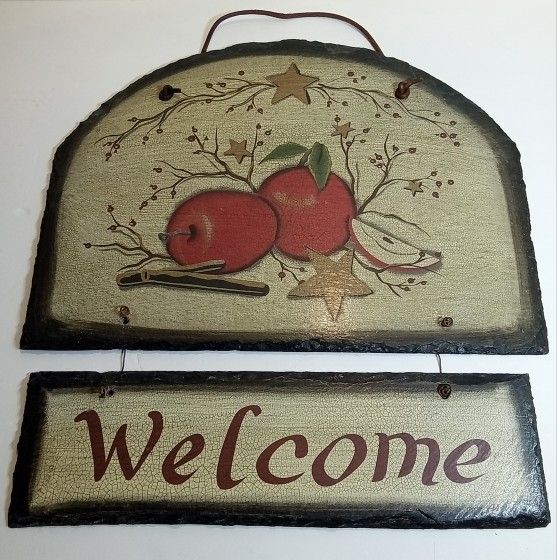 Apple Berry Slate Welcome Plaque BaublesnBling Rustic Star Leather Hanger 3 LB