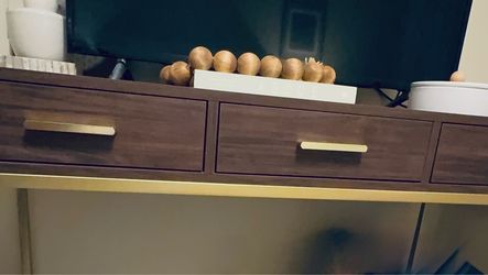 Walnut Console Table Writing Desk with Gold Accents