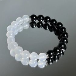 Natural obsidian white agate black and white bracelet women's single ring bracelet couple style crystal jewelry holiday gift