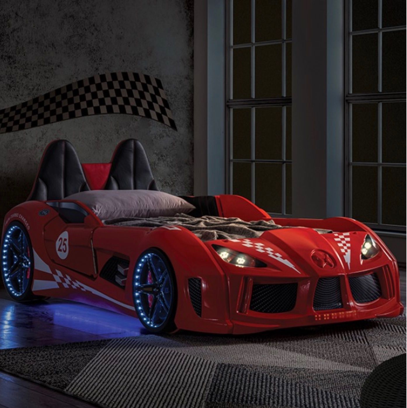 TWIN RACE CAR BED UNDER LED LIGHTS PADED INTERIOR FIR REALISTIC SOUNDS WHT LIMIT 250LBS