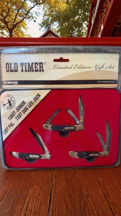 New Old Stock Schrade 120T PAL, 720T DOG LEG JACK & 1080T JUNIOR set. In Tin NIB