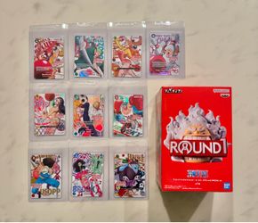 One Piece x Round 1 Complete English Promo Card Set of 10 NM TCG + Gear 5 Figure OP Booster Box Packs Pokemon PSA ETB