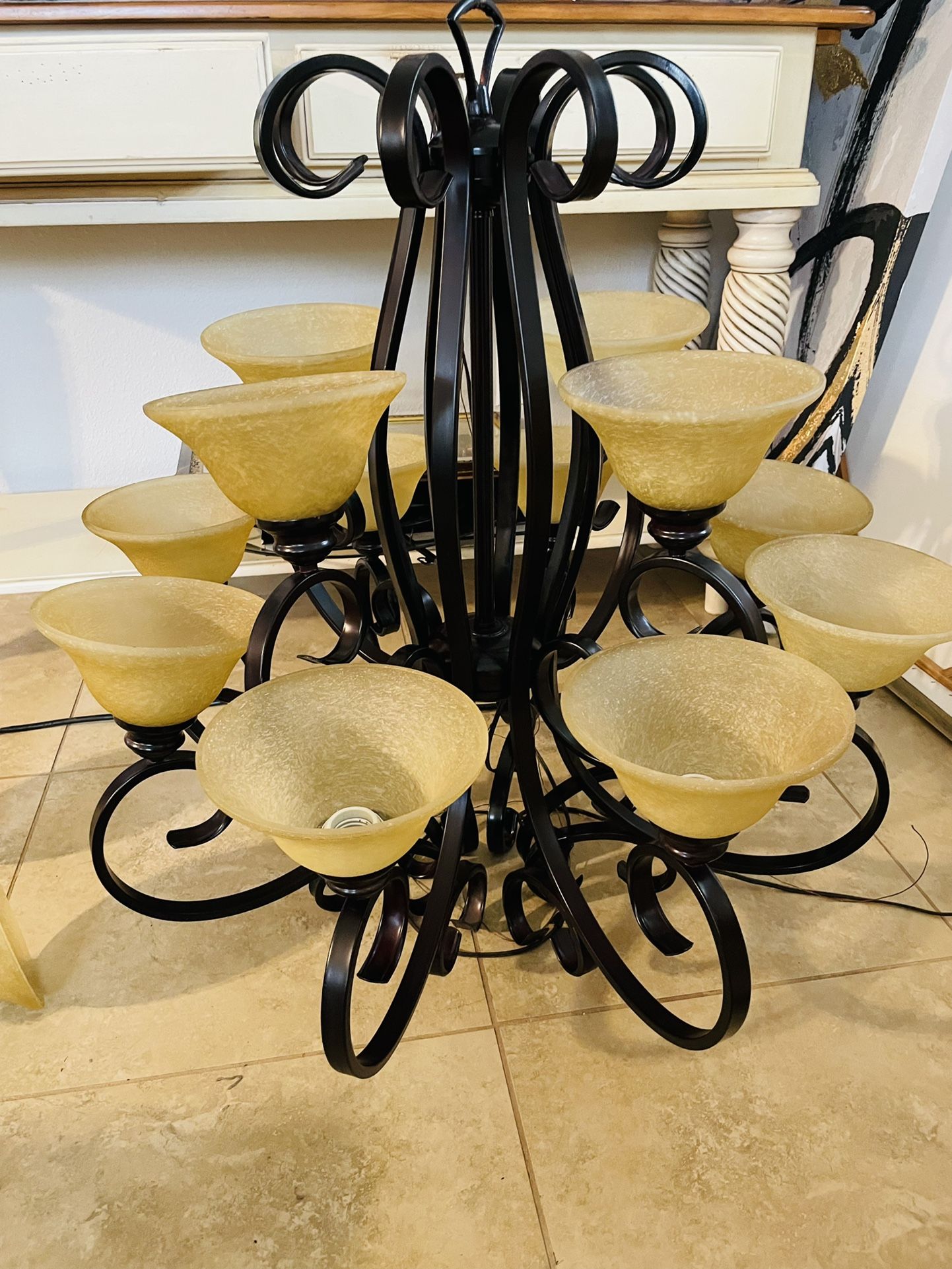 Wrought Iron Crystal Chandelier Large Foyer Entryway Lighting Country French 2 Tiers 12 Lights
