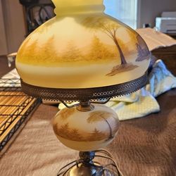 Fenton Lamp with Log Cabin . Hand Painted  And Signed.