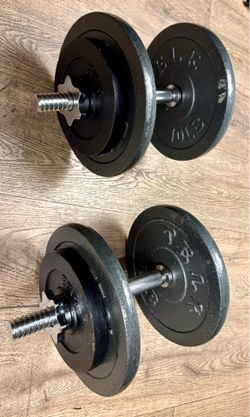 Standard Set of Adjustable Cast Iron Dumbbells, (4) 10s, (4) 5s and NEW Dumbbell Bars.