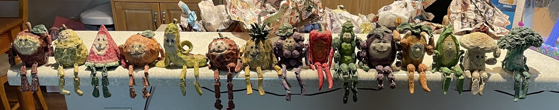 Anthropomorphic, fruit and vegetable shelf sitters