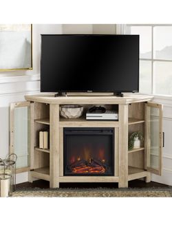 Walker Edison Alcott Classic Glass Door Fireplace Corner TV Stand for TVs up to 55 Inches, 48 Inch, White Oak