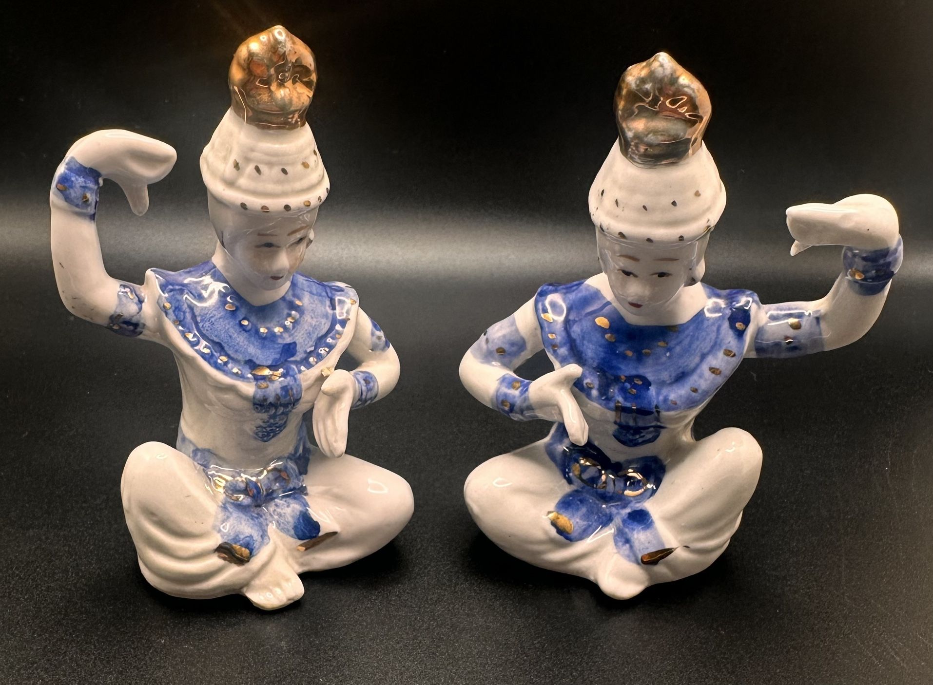 Pair Of Thai Siamese Blue/White Porcelain 4” Thailand Temple Dancer Figurines