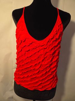 Women’s Red Solid Knit Ruffle Camisole Tank Top Spaghetti Strap Shirt w/ Criss-Cross Back