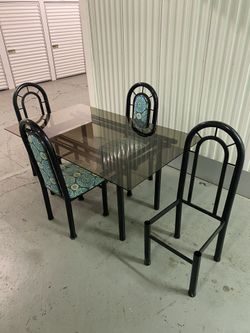 80s Black Tubular Dining Set w/ smoked glass & 6 chairs