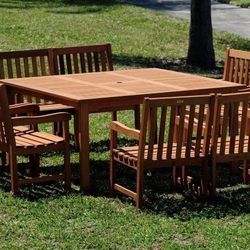 BRAND NEW 9-Piece Ourdoor 59" Square Table Dining Set - Super Sturdy Chairs - 100% FSC SOLID WOOD
