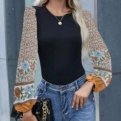 Flower Print Bishop  Sleeve Bodysuit Large