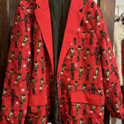 Men's Christmas Suit - LIGHTS UP Ugly Holiday Festive Nutcracker MotifOutfit - Includes Blazer, Pants XXL Poly 32” Shoulder to Hem, 16” Underarm to He