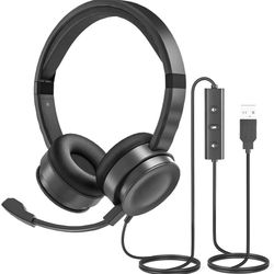 USB Computer Headset with Microphone for Laptop, PC Wired Headset with Mic Noise Cancelling Lightweight for Skype Zoom Webinbar Home Office Online Cla