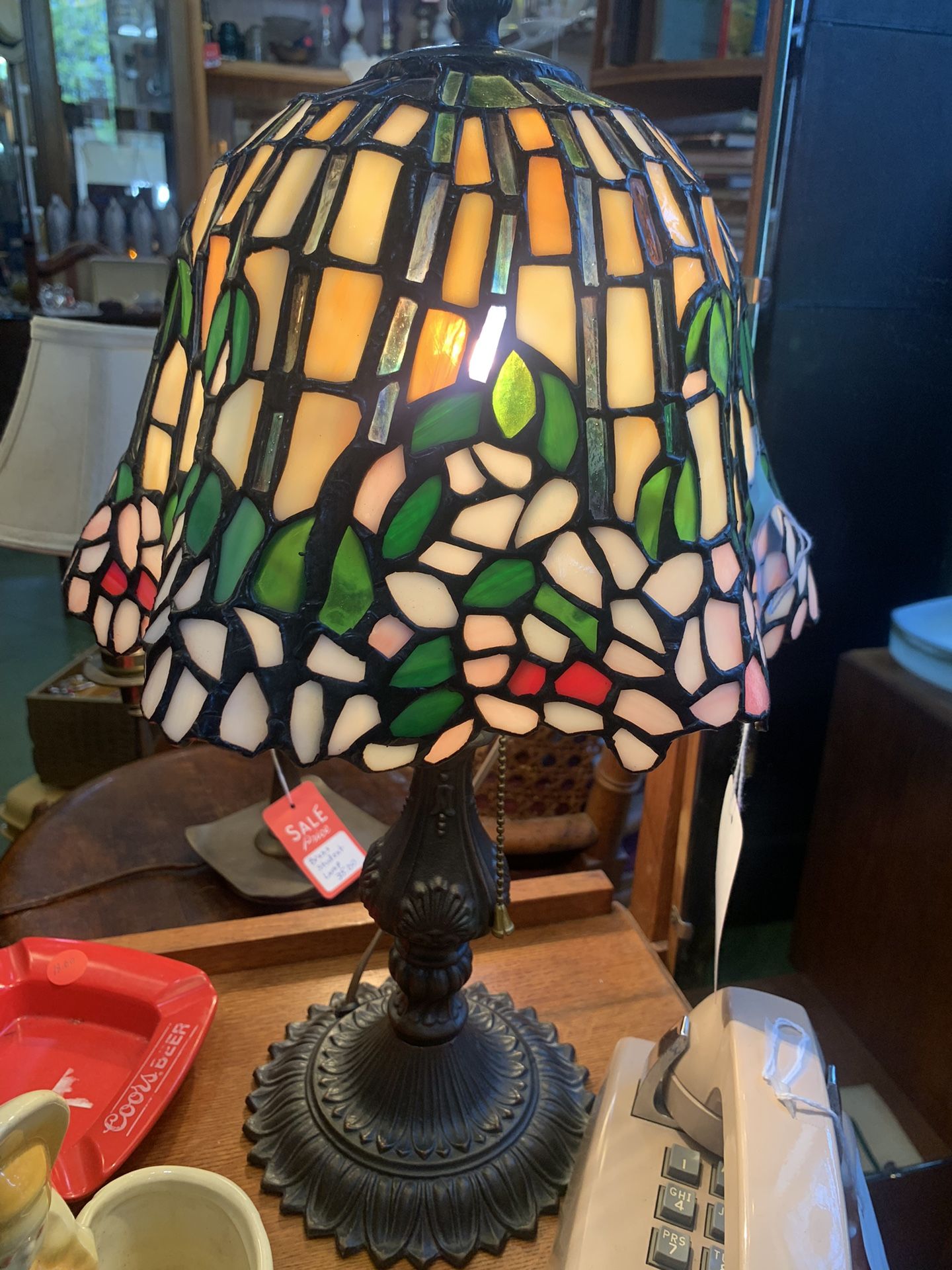 10x18 TIFFANY style accent table lamp. 85.00.  Johanna at Antiques and More. Located at 316b Main Street Buda. Antiques vintage retro furniture collec