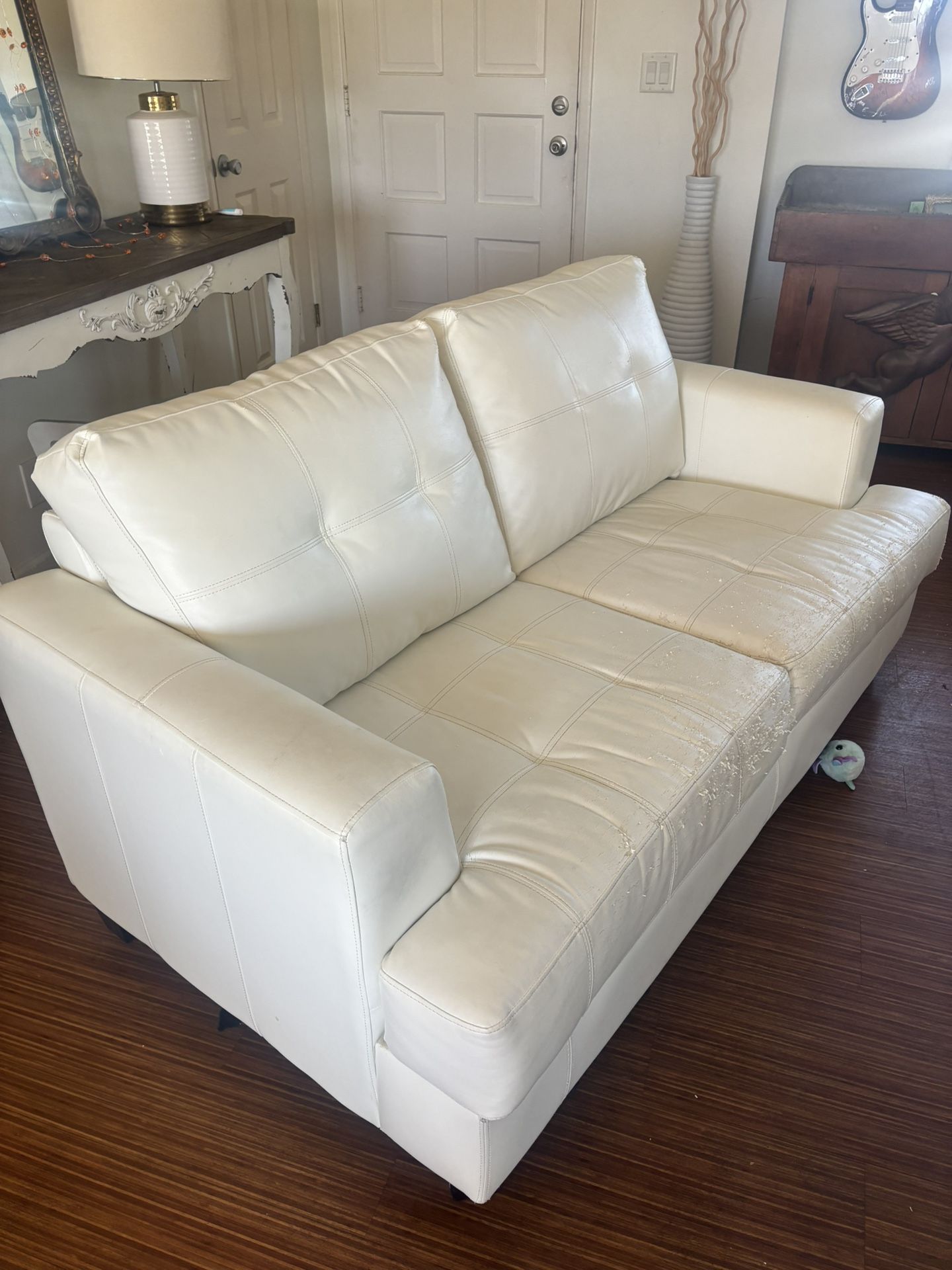 Two Used Faux Leather Couches - white