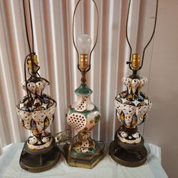 3 Vintage Capodimonte Style Italian Reticulated Porcelain Table Lamps