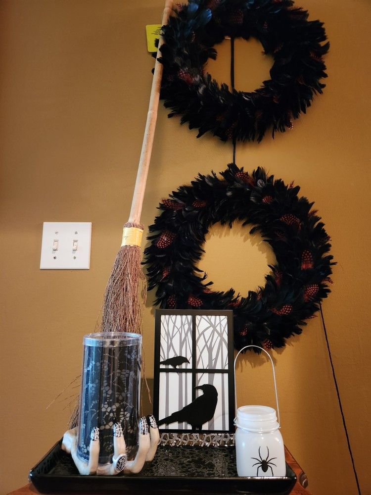 Halloween ~ Gothic/Medieval/Renaissance Black Feather Wreaths/Candle/Holders/Tray/Witch's Broom