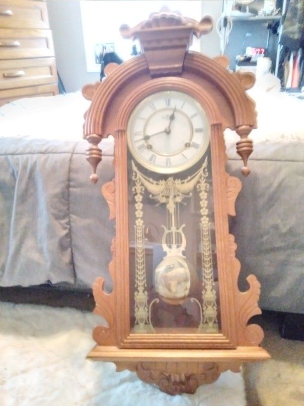 Beautiful Wooden &Gold Old School Clock That Needs A Little T.L.C
