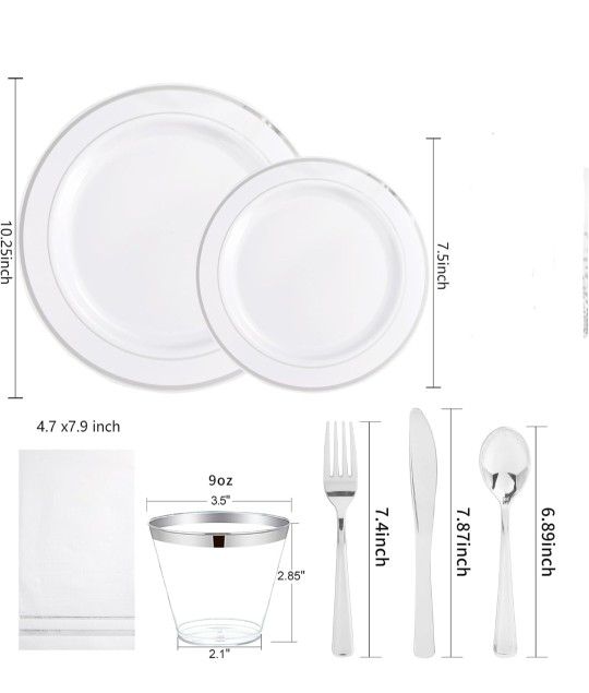 Silver Plates - Disposable Silver Plastic Plates Includes 50 Plates, 75 Silverware, 25 Napkins, 25 Silver Rimmed Cups Perfect for Party & Weeding & Mo