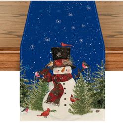 Artoid Mode Snowman Birds Trees Christmas Table Runner, Seasonal Blue Winter Holiday Kitchen Dining Table Decoration for Indoor Outdoor Home Party Dec