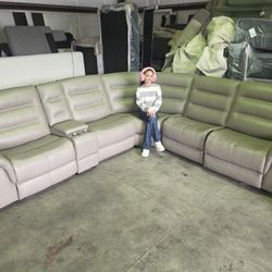Brand New Lifestyle 6Pc Top Grain Stone Leather Dual Powered Sectional w USB & C PORT