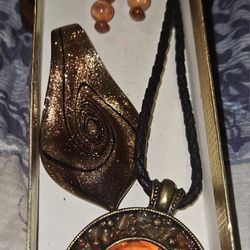 Baltic Amber Necklace, Murano Glass Pendant, Wooden Layered Bracelet , Carnelian Earrings 